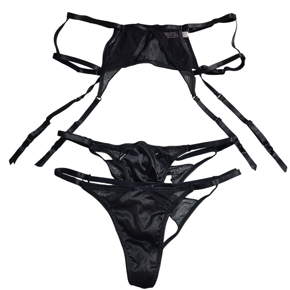 Fredericks of Hollywood Black Strappy Satin 3pc Set L/XL‎ Sheer Thong Panties